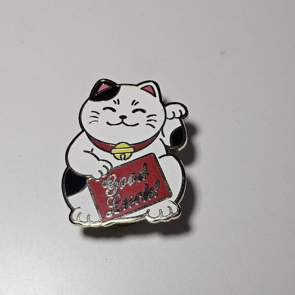 **Final Sale** Real Sic Gold Tone White And Black Enamel Good Luck Cat Pin - Picture 10 of 10